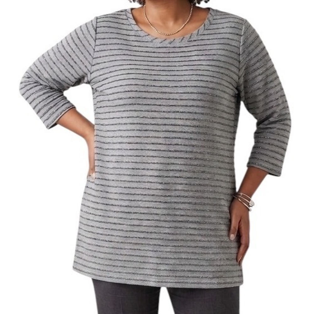 Liz Claiborne XXL Heather Grey Metallic Textured Stripe Long Sleeve Top Classic
